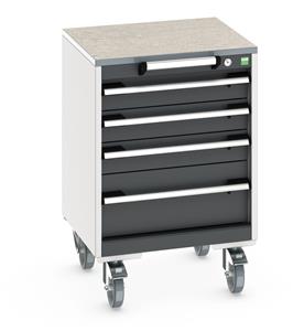 cubio mobile cabinet with 4 drawers & lino worktop. WxDxH: 525x525x790mm. RAL 7035/5010 or selected Bott Mobile Storage Cabinet Drawer Trolleys 525mm x 525mm